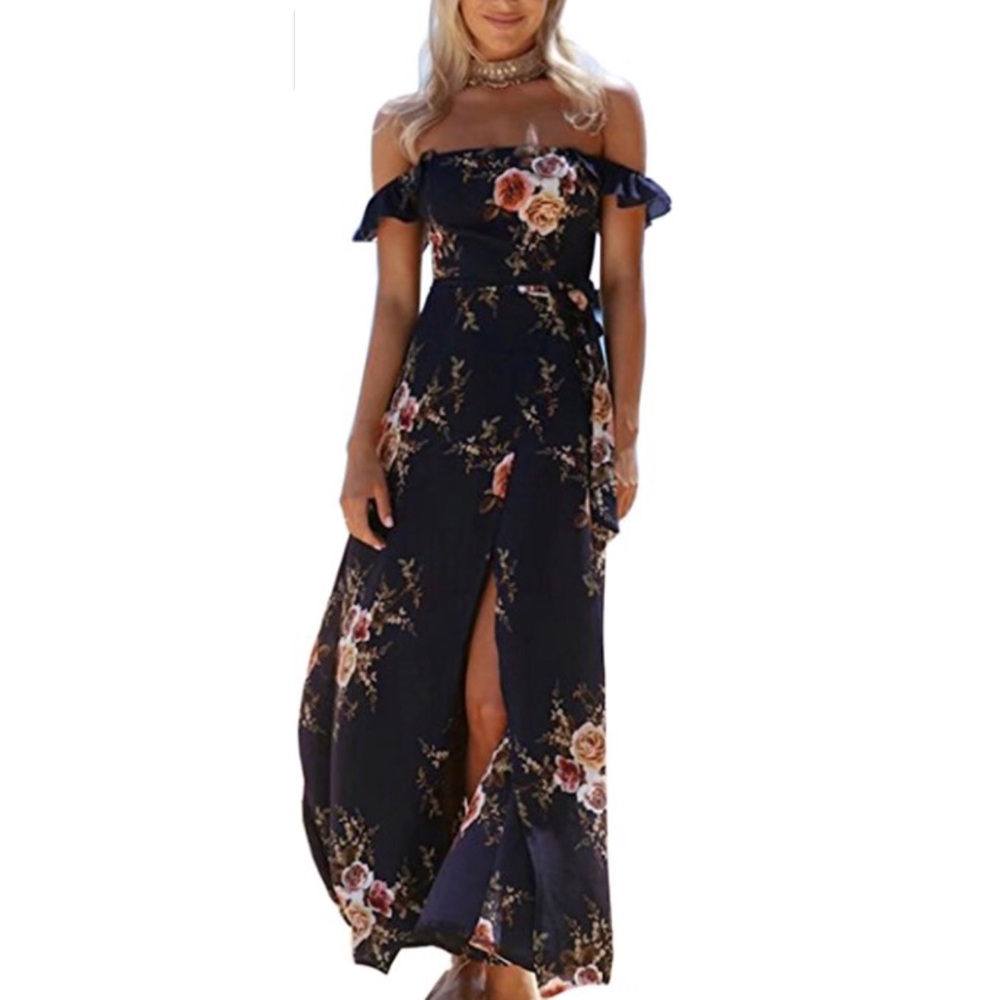 Off The Shoulder Boho Split Maxi Dress